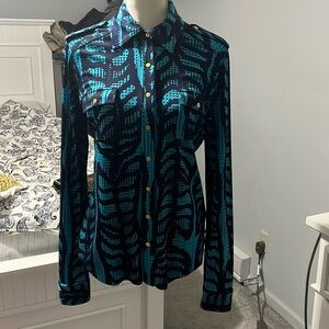Tory Burch Navy Blue 100% silk button down shirt.